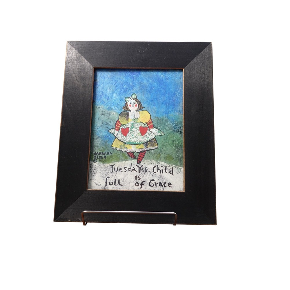 Barbara Olsen Folk Art Print Tuesdays Child Full of Grace Wood Frame 1996 12x10